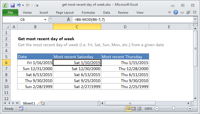 excel formula get day of week